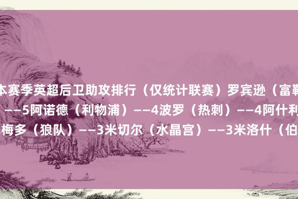 本赛季英超后卫助攻排行（仅统计联赛）罗宾逊（富勒姆）——9努里（狼队）——5阿诺德（利物浦）——4波罗（热刺）——4阿什利-扬（埃弗顿）——3塞梅多（狼队）——3米切尔（水晶宫）——3米洛什（伯恩茅斯）——3兰普泰（布莱顿）——2范德文（热刺）——2    体育录像/图片